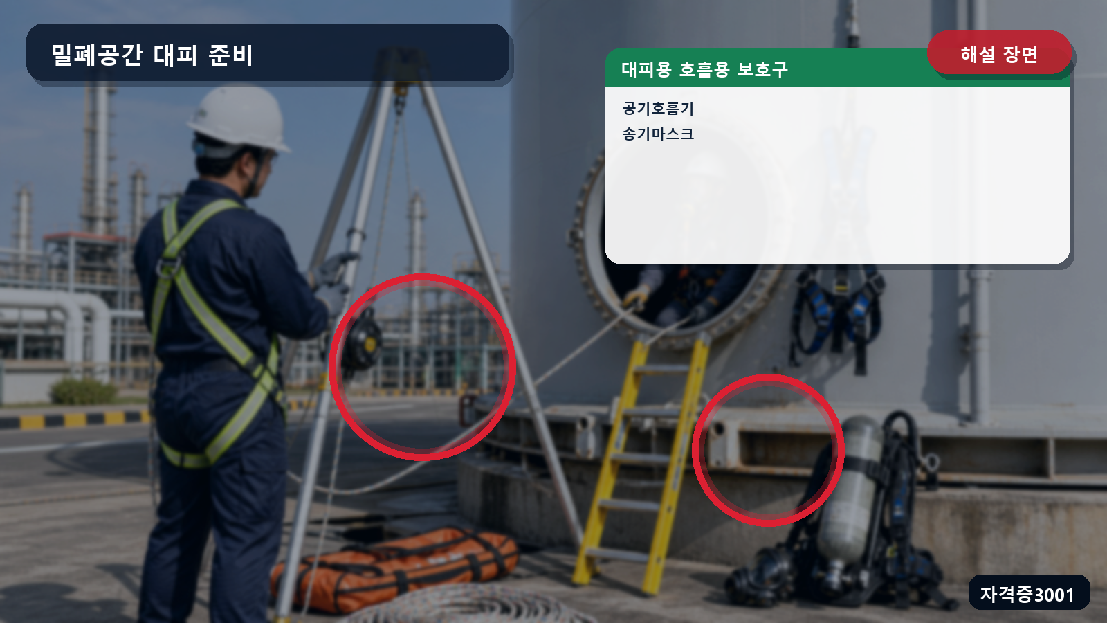 산업안전기사 실기 작업형 밀폐공간의 대피용 공기호흡기와 송기마스크를 표시한 해설 장면
