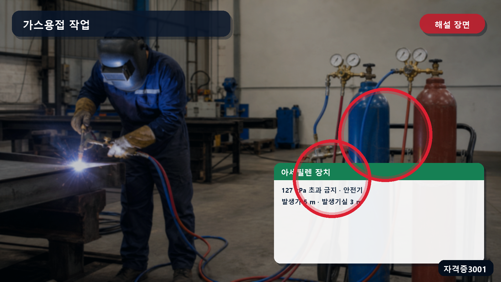 아세틸렌 용접장치의 127킬로파스칼·안전기·발생기 5미터·발생기실 3미터를 표시한 해설 장면