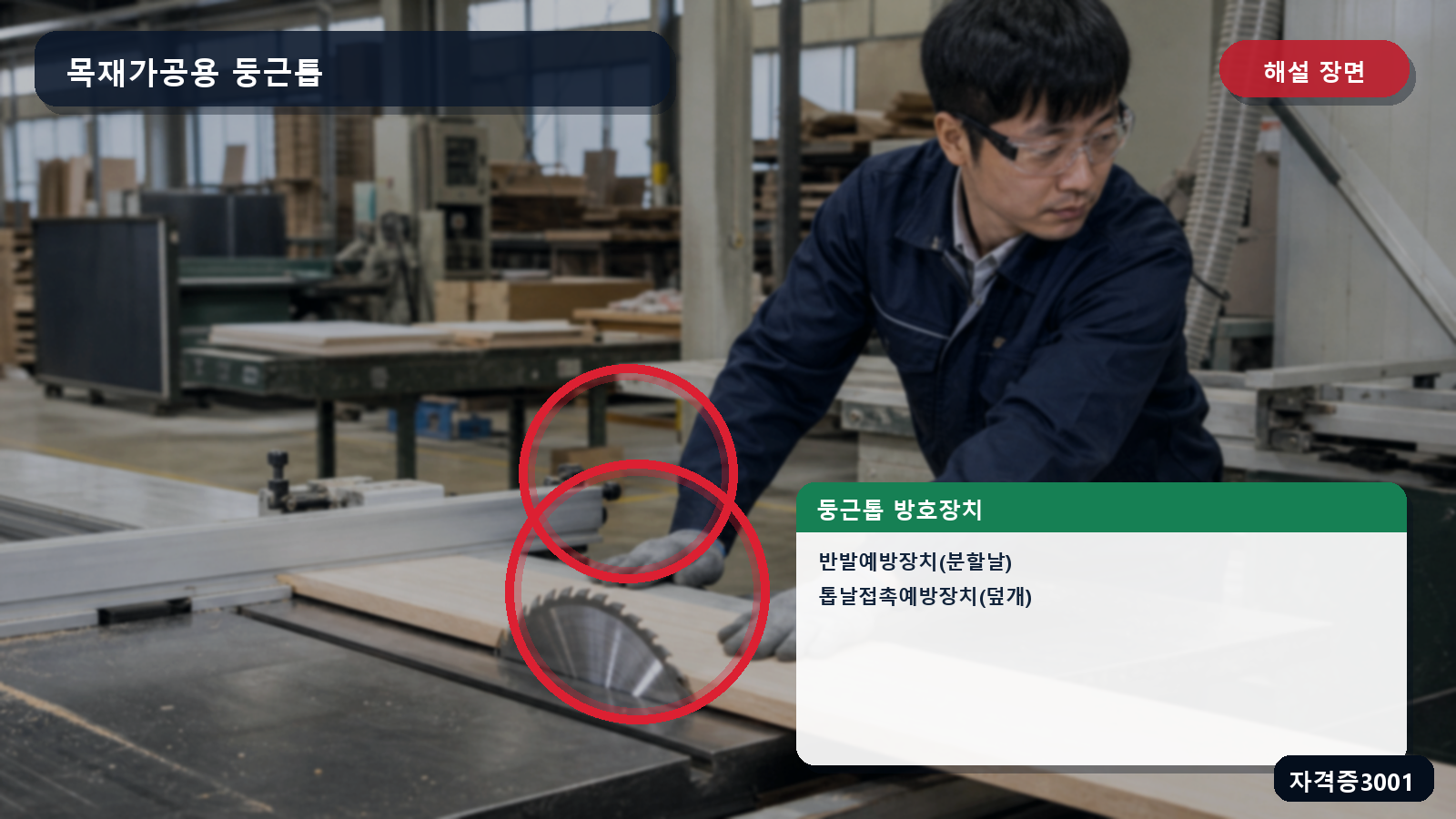 둥근톱의 분할날과 톱날 덮개 설치 위치를 표시한 해설 장면