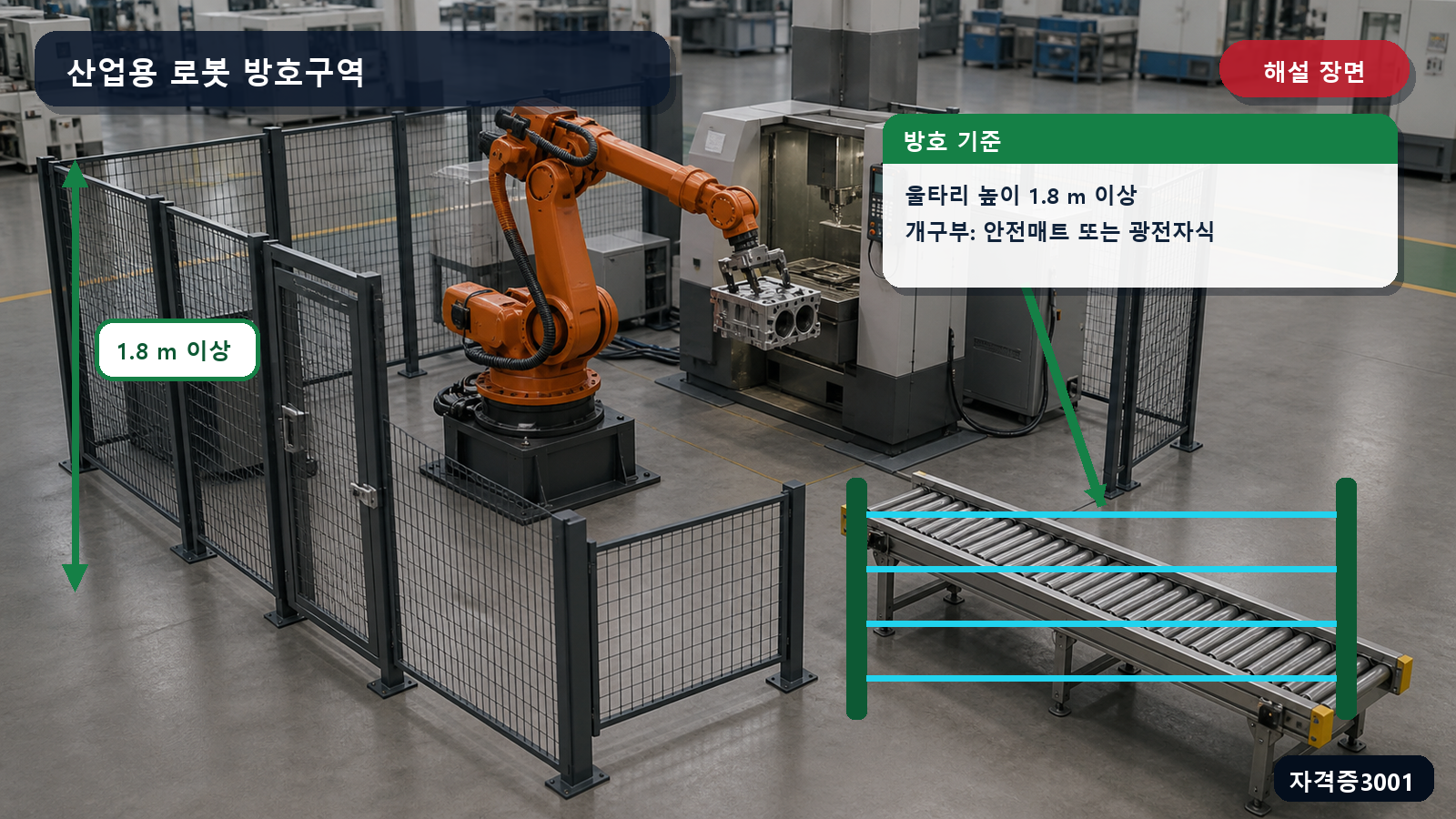 산업안전기사 실기 작업형 로봇 울타리 1.8미터와 안전매트 또는 광전자식 방호장치 위치를 표시한 해설 장면