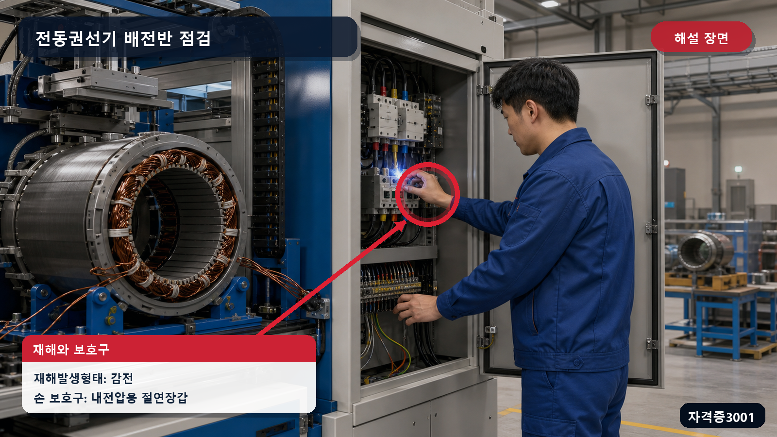 감전 발생 위치와 내전압용 절연장갑을 표시한 해설 장면