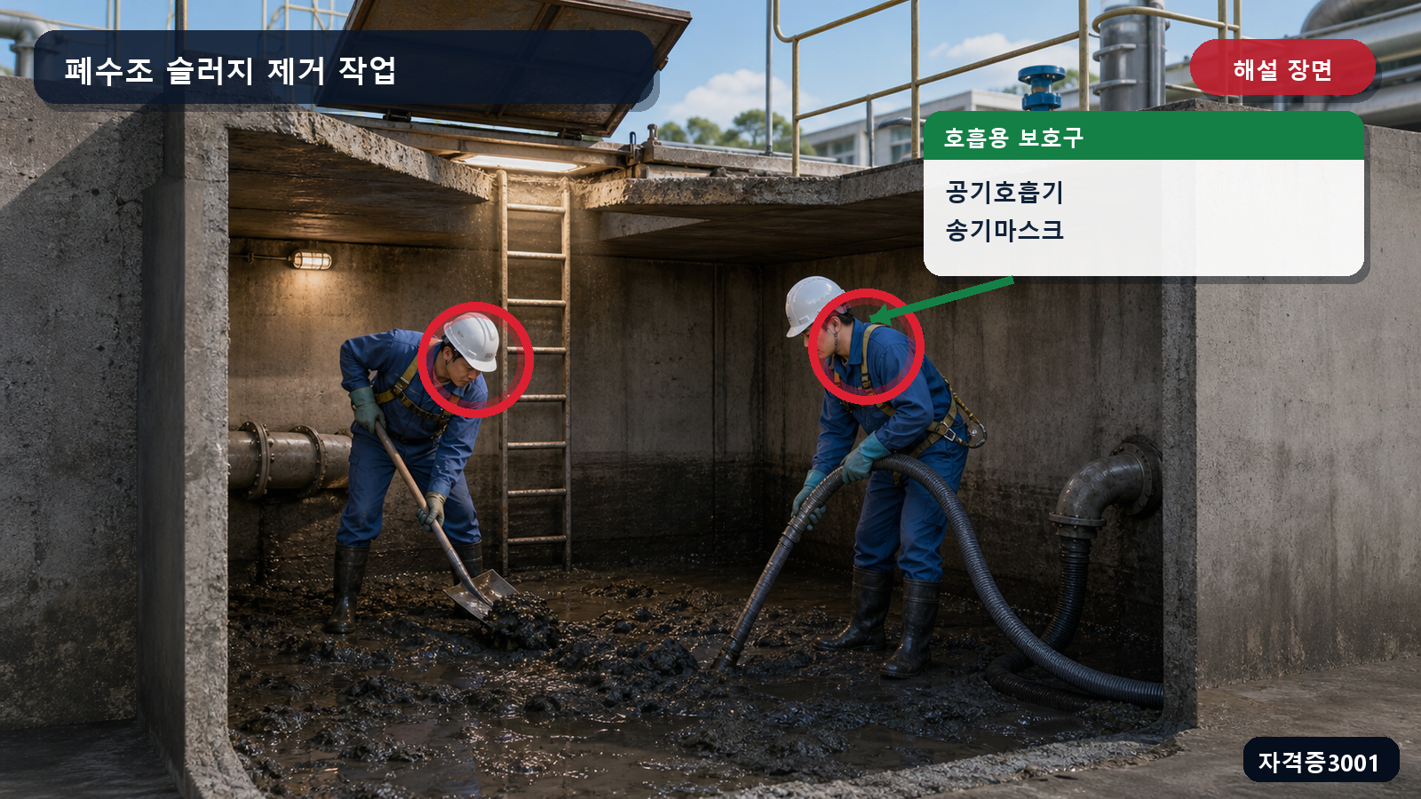 폐수조 작업자에게 필요한 공기호흡기와 송기마스크를 표시한 해설 장면