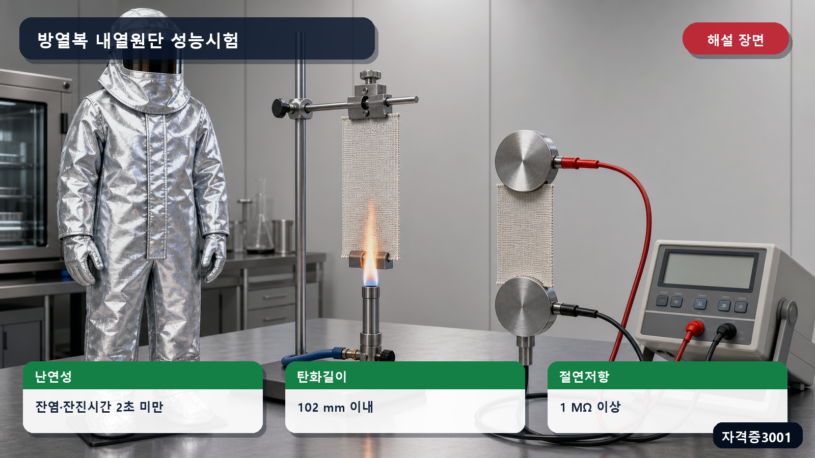 방열복 내열원단의 2초·102밀리미터·1메가옴 성능기준을 표시한 해설도