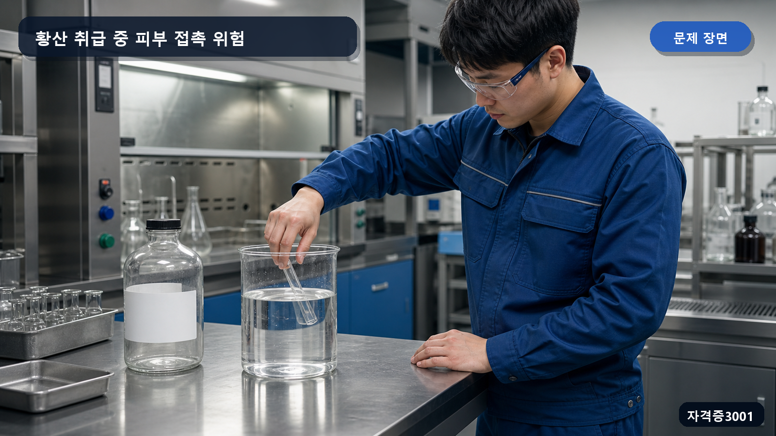 산업안전기사 실기 작업형 맨손으로 황산 비커에서 실험기구를 꺼내는 작업 장면