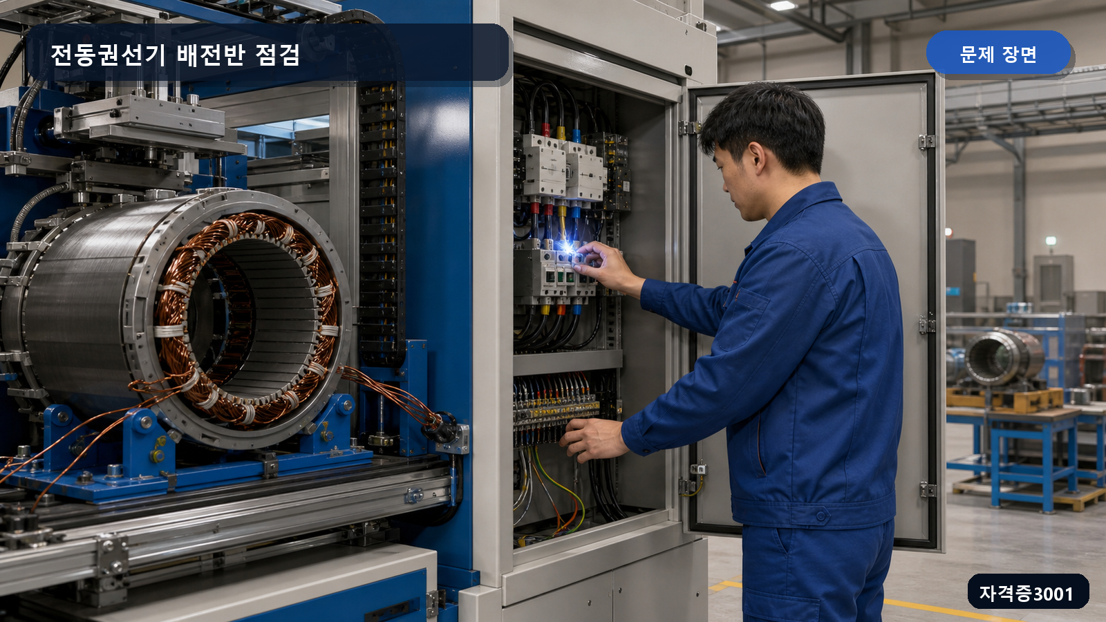 산업안전기사 실기 작업형 열린 전동권선기 배전반을 작업자가 맨손으로 점검하다 전기불꽃이 발생한 장면