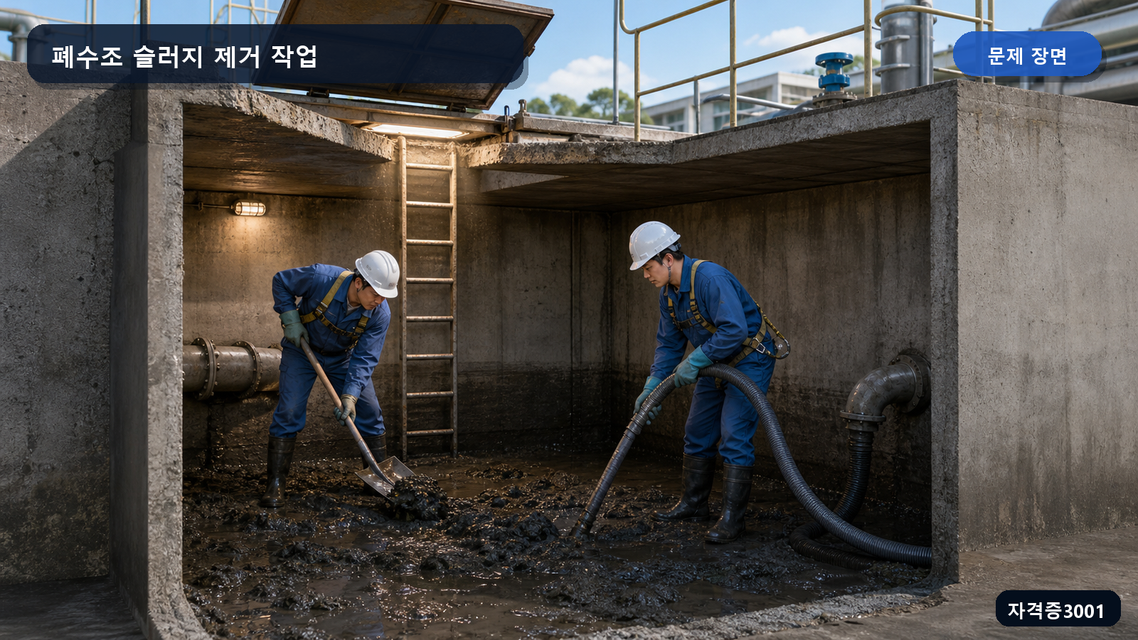 계단 아래 폐수조에서 호흡용 보호구 없이 두 작업자가 슬러지를 제거하는 장면