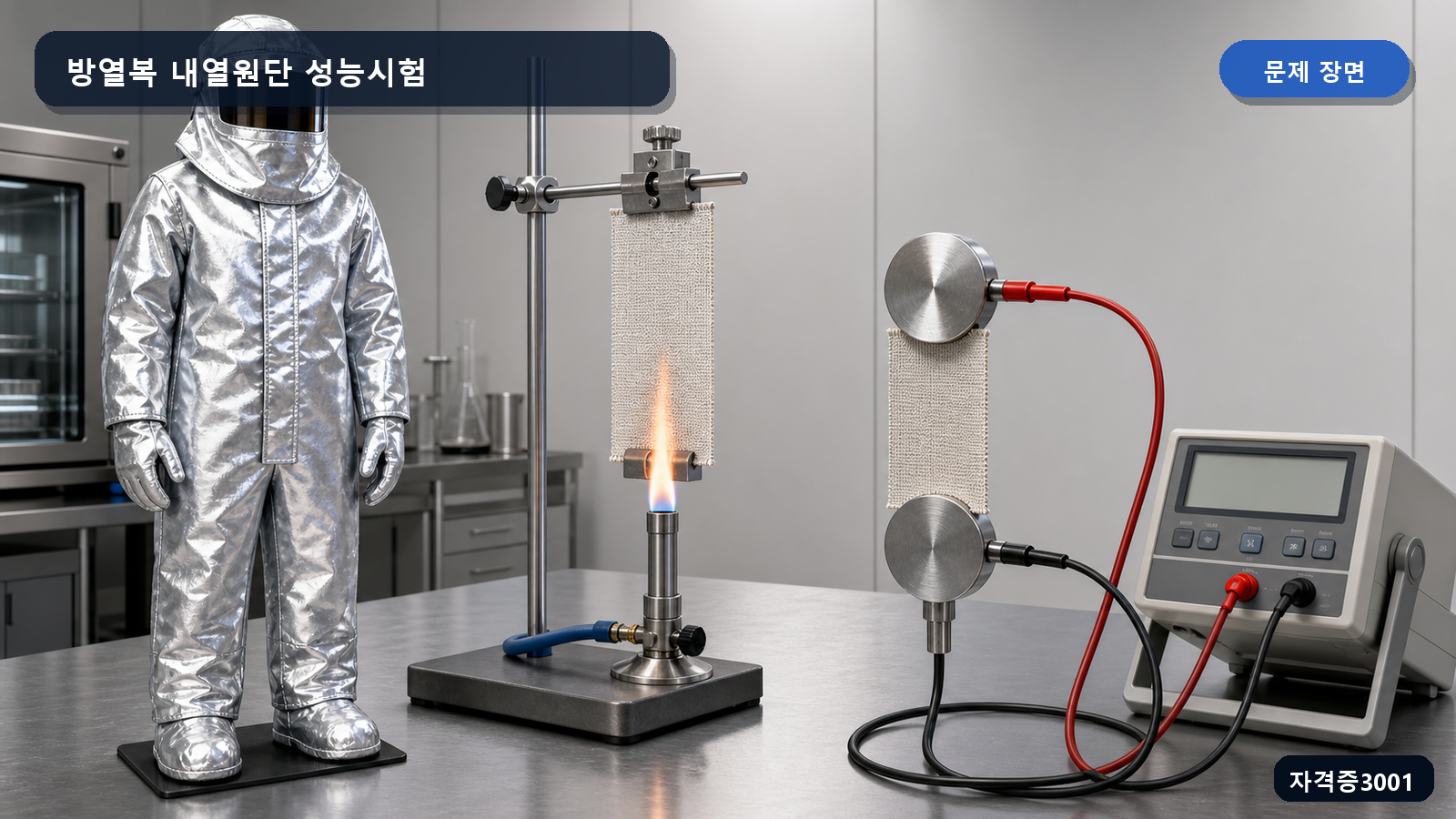 방열복과 난연성·절연저항 시험도 옆에 세 성능기준 빈칸을 표시한 장면