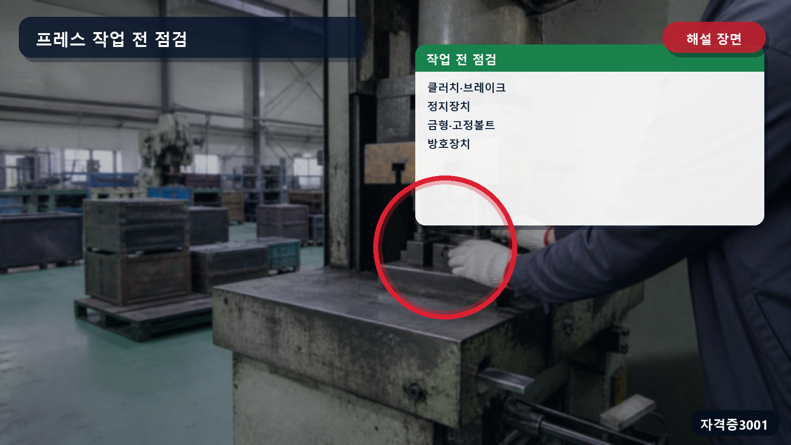 기계식 프레스의 금형과 조작부 및 방호영역을 표시한 해설 장면