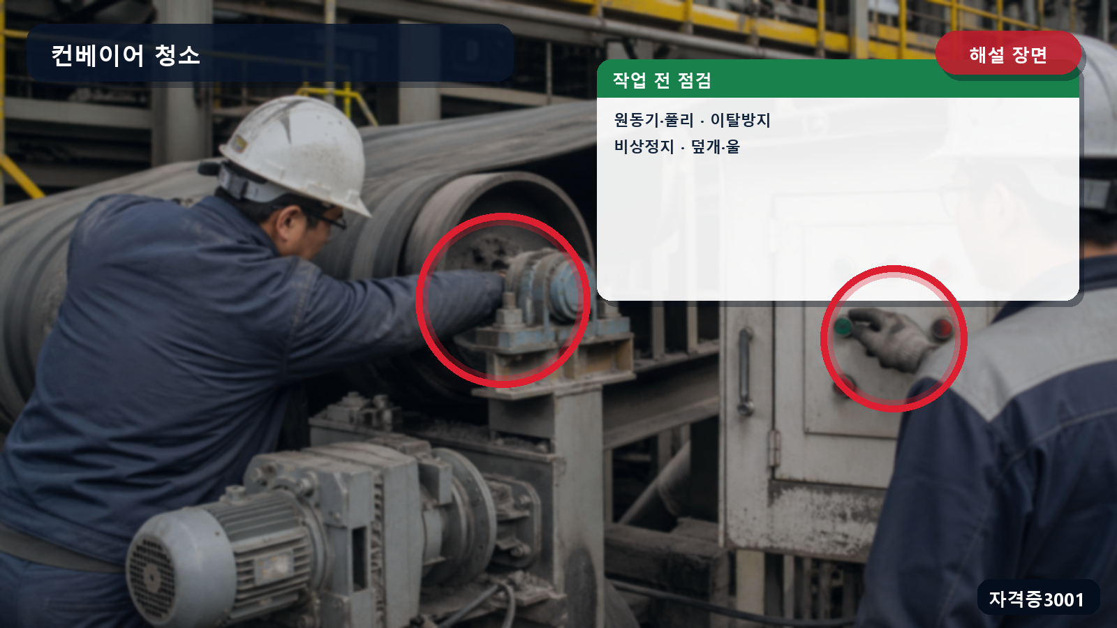 컨베이어의 원동기·풀리·이탈방지·비상정지·덮개·울 점검부를 표시한 해설 장면