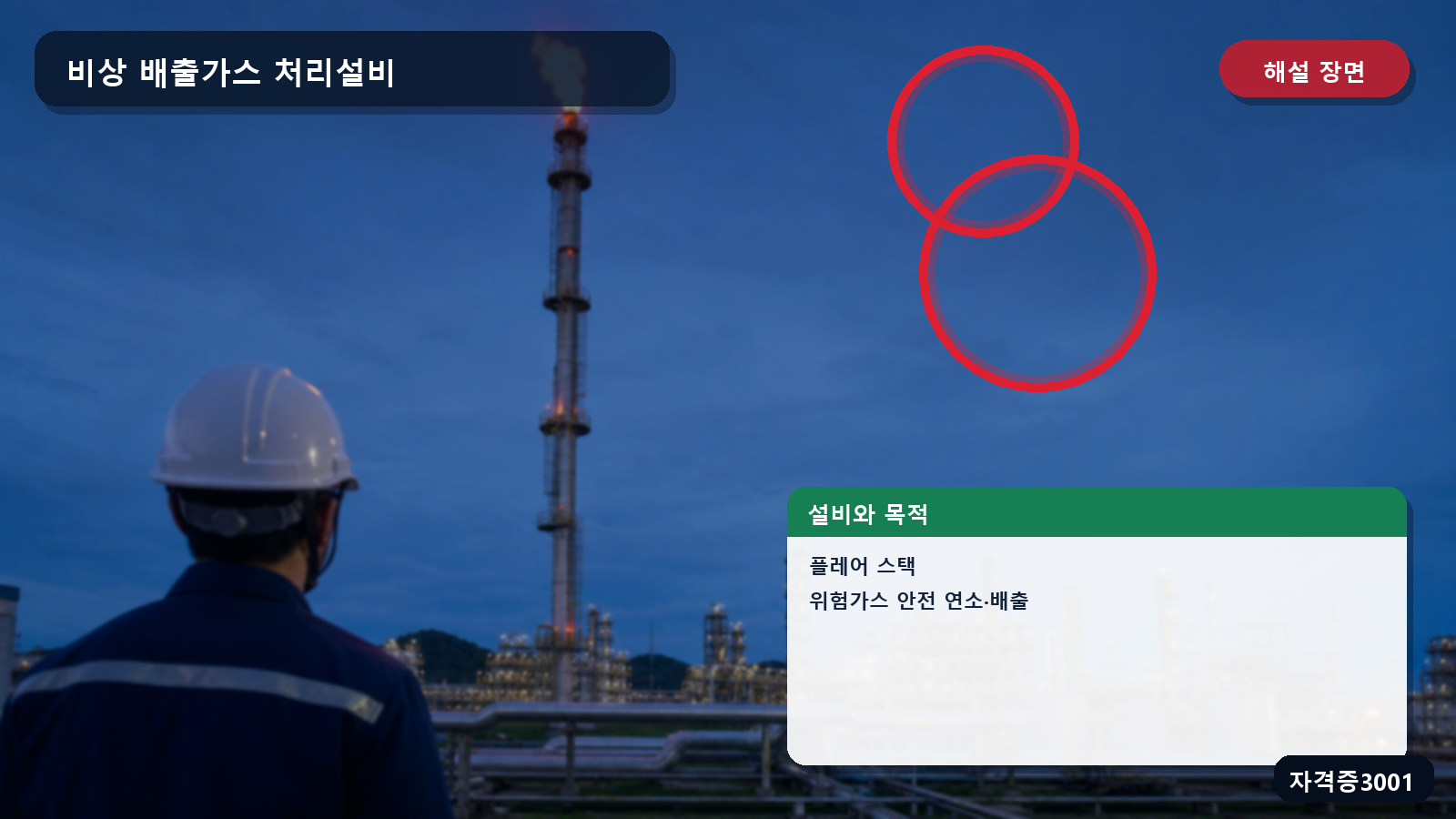 플레어 스택과 위험가스의 안전한 연소 배출 흐름을 표시한 해설 장면