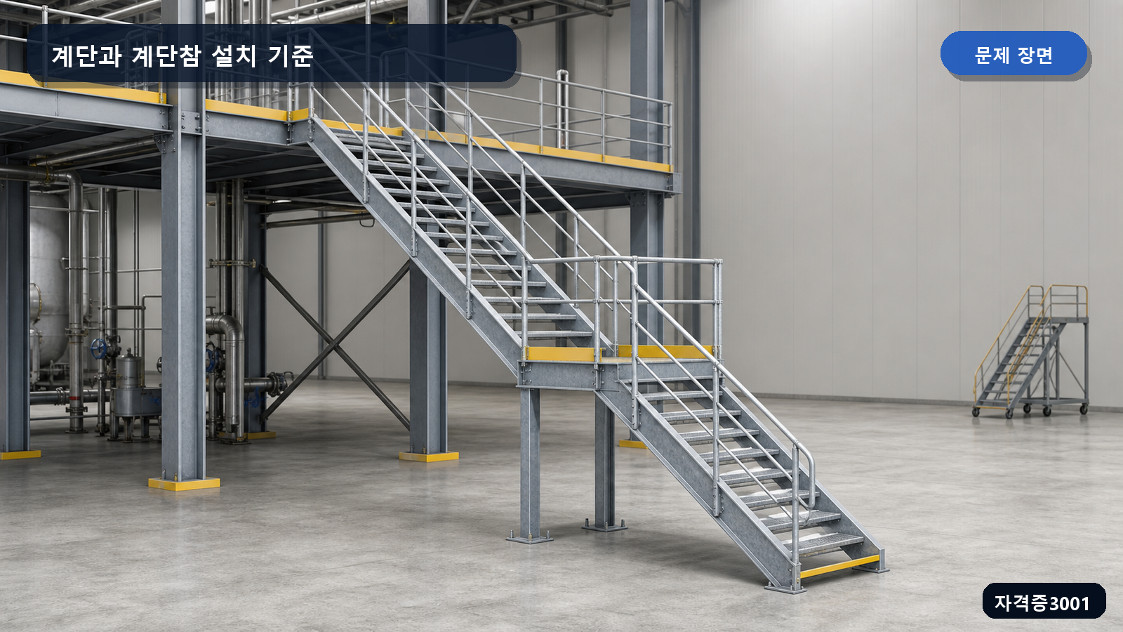 계단 구조와 하중·안전율·폭·예외높이·계단참 간격의 빈칸을 표시한 도식