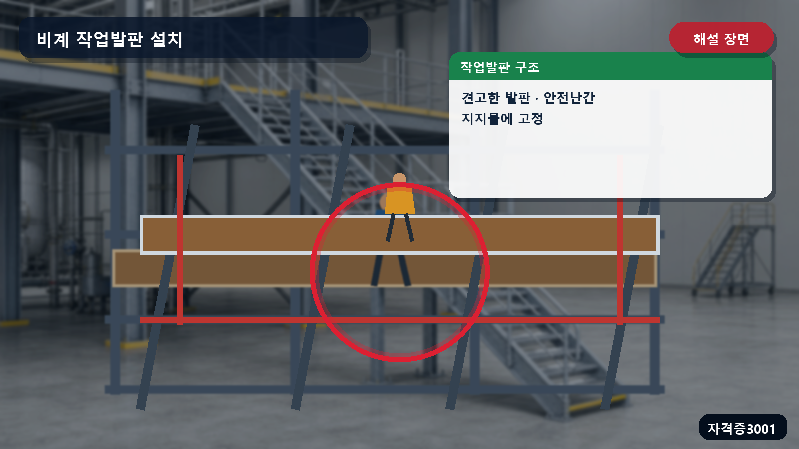 비계의 견고한 발판재료·안전난간·파괴우려 없는 지지물을 표시한 해설 장면